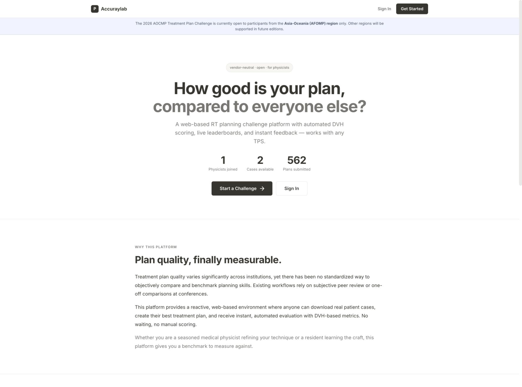 AccurayLab treatment planning challenge platform landing page