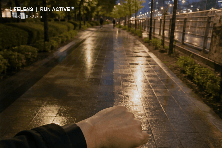 LifeLens smart-glasses running alert showing pace, rain, and a safer route home