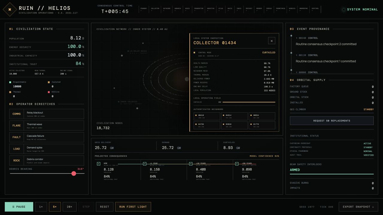 RUIN local collector inspection panel with health, links, thermal margin, and neighboring nodes